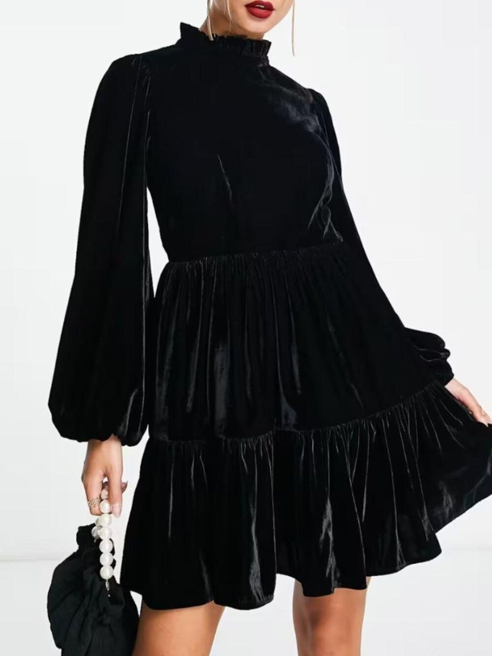 ASOS DESIGN velvet mini smock dress with pie crust neck in black